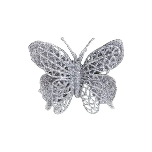 Set x5 mariposas dobles plateadas glitter 10x9 cm
