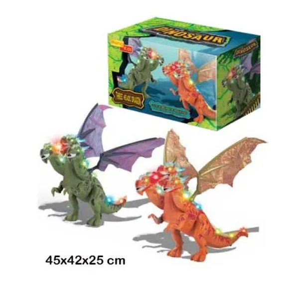 Dinosaurio dragon 3 cabezas con luz, sonido y movimiento de alas, camina.
