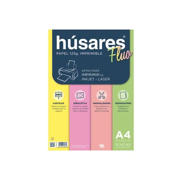 Cartulina a4 husares fluo 125 grsest.x 20 hs.