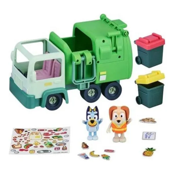 Bluey camión de basura- incluye dos figuras Bluey y bin man de 6 cm el vehículo