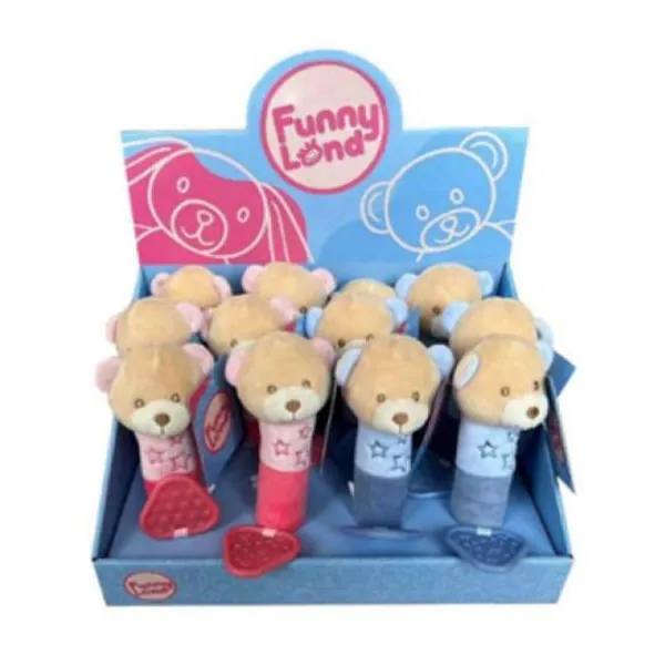 Peluche con mordillo y chirriador 16 cm oso conejo y perro en display box x12/4