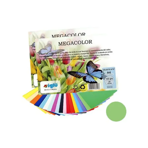 Papel iglu megacolor m26 verde claro tamaño a4 120 grsx 25 hs.