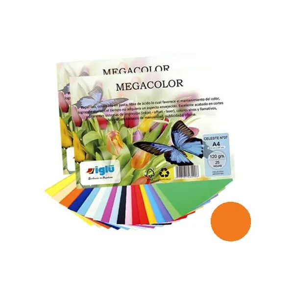 Papel iglu megacolor m03 naranja tamaño a4 120 grsx 25 hs