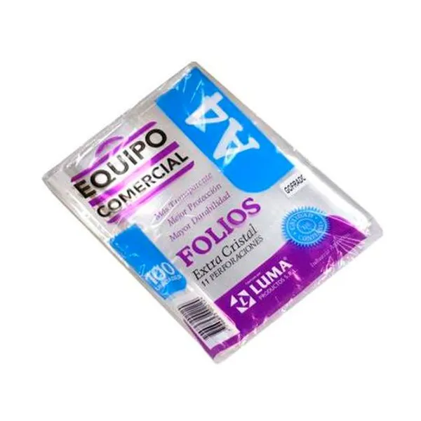 Folio a4 polipropileno equipo comercial 40 micrones 11 perforaciones x100 unidades luma