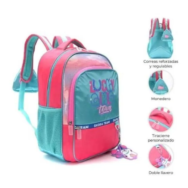 Mochila lettering lucky girls con monedero y llavero doble 32 x45 x15 18