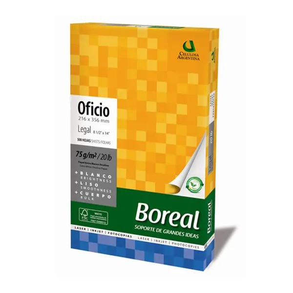 Resma papel boreal tamaño oficio fotoc.75 grsx 500 hs.