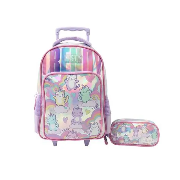 Mochila 15" con carro y cartuchera gatito Trendy