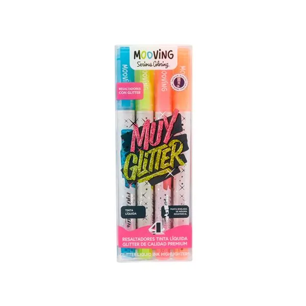 Resaltador Mooving tinta liquida glitter est.x 4 unid.