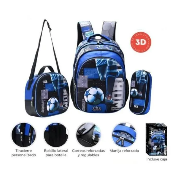 Set x3 mochila 16", lunchera y cartuchera lets play fútbol world champions te