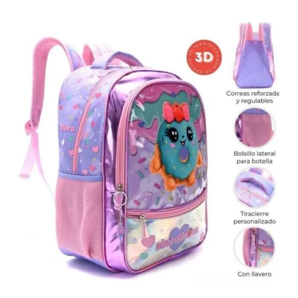 Mochila 18" teen kawaii donut con parche termoformado y llavero 32x45x15 cm