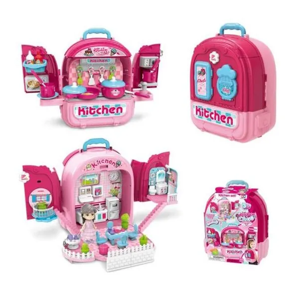 Valija 3 en 1. es mochila, cocina con accesorios y casita de muñecas.