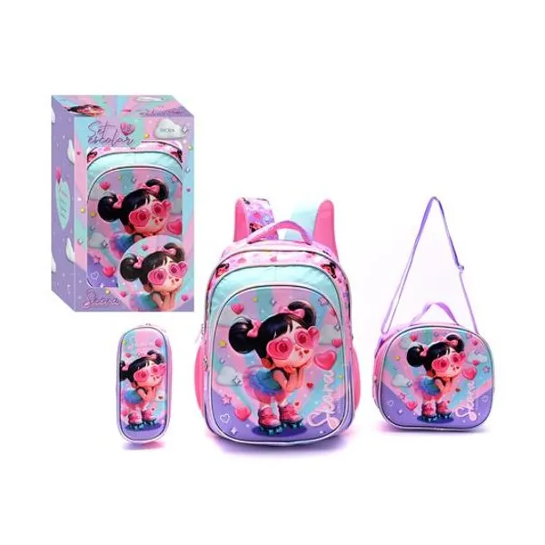 Set mochila 16" con lunchera 24x22x9 cm y cartuchera 23x10x4.5 cm nenas cool Skora