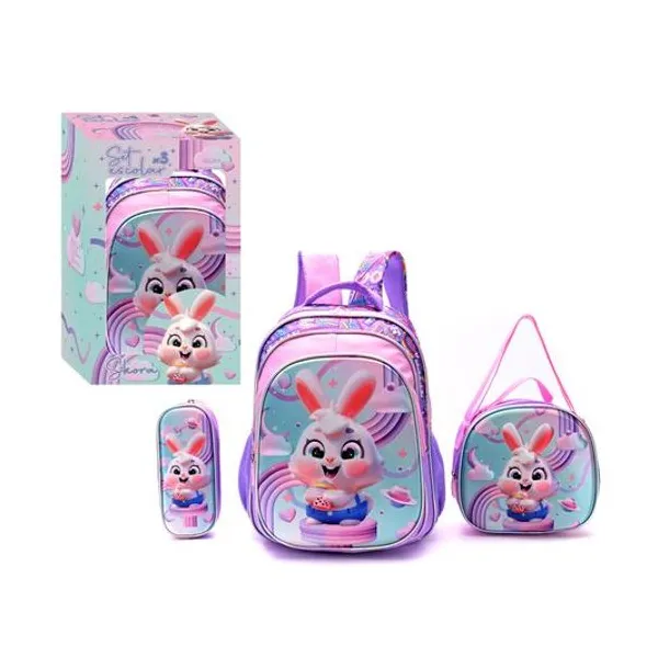 Set mochila 16" espalda con lunchera 24x22x9 cm y cartuchera 23x10x4.5 cm conejo en caja Skora