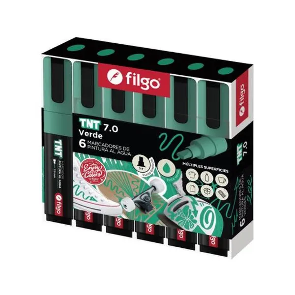 Marcador de pintura al agua tnt punta biselada 1/7 mm verde caja x6 Filgo