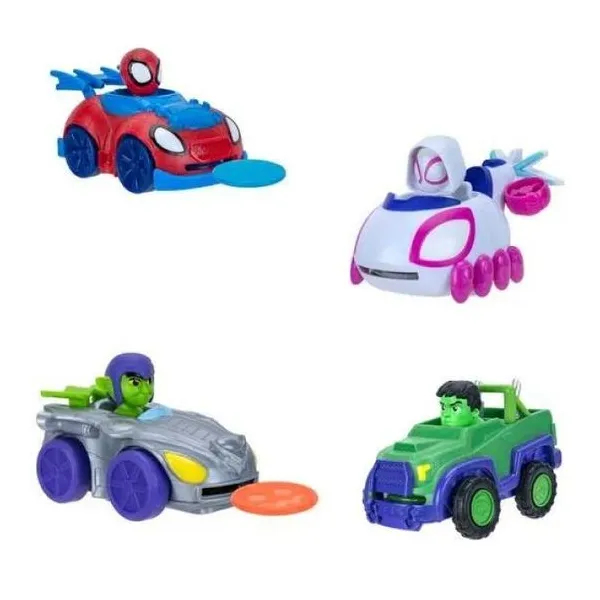 Vehículos spidey con figura , rueda libre, lanzan tazos.