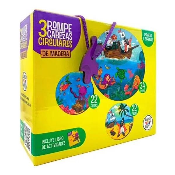 Rompecabeza madera circular x3 - piratas y sirenas -