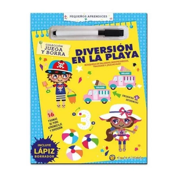 Diversión en la playa juega y borra imprenta mayúscula