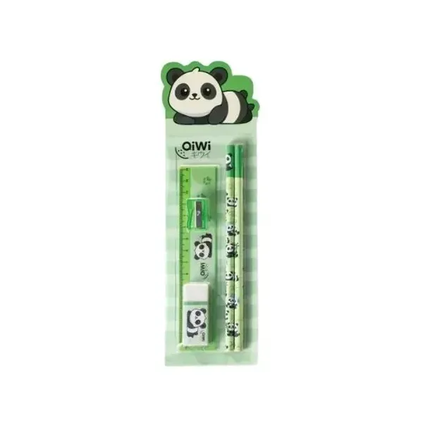 Set escolar kiwi panda lápiz, regla, goma y sacapuntas