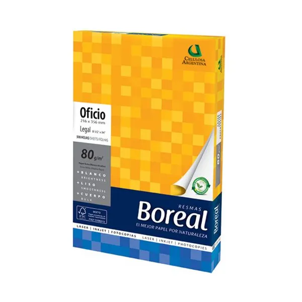 Resma papel boreal tamaño oficio fotoc.80 grsx 500 hs.