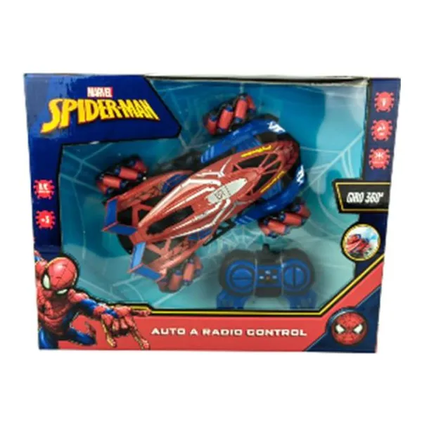 Super auto Spiderman 360° a radio control con música, luces y lanza humo carga u