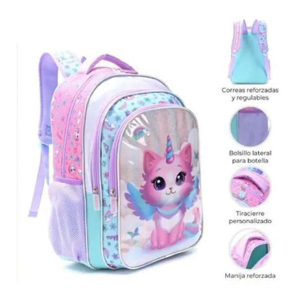 Mochila rainbow caticornio con llavero 32 x45 x15 18