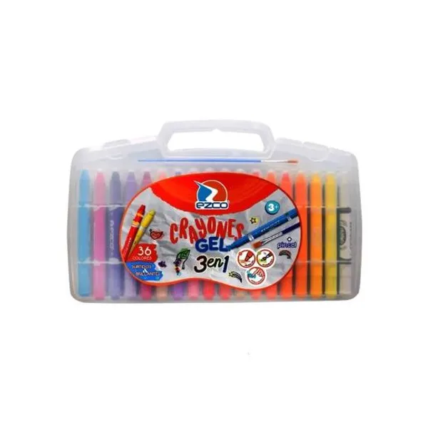 Crayones gel Ezco 3 en 1 valija con 36 colores + pincel