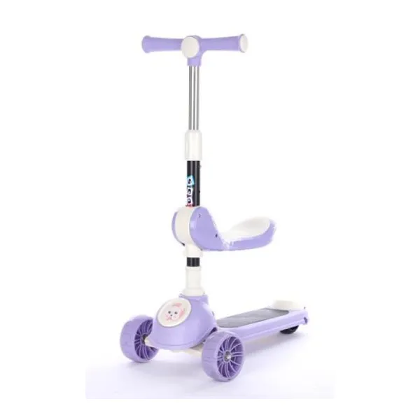 Monopatín violeta plegable con asiento, música y ruedas con luz