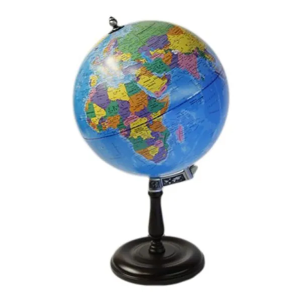 Globo terraqueo 30 cm base de madera, meridiano con inclinacion metálica y grabad