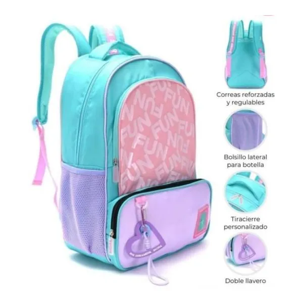 Mochila 18" cromatico fun verde y lila con doble llavero 32x45x15 cm