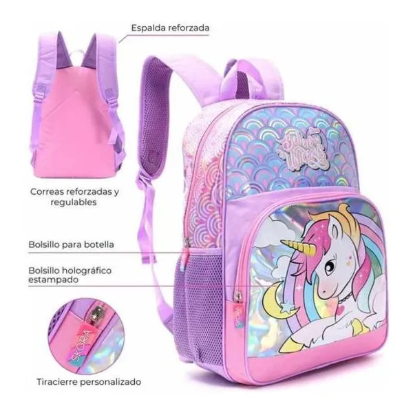 Mochila unicornio sequins 16 pulg con llavero 30x40x12 cm