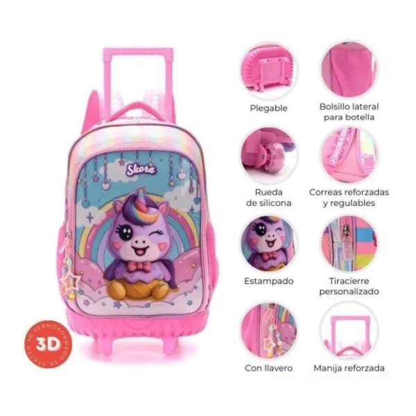 Mochila carro 18" teen kawaii unicornio helado con parche termoformado y llav