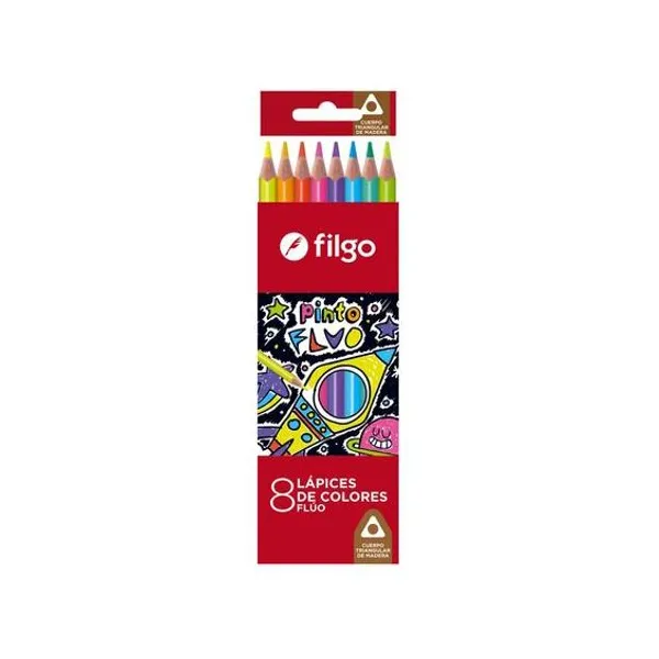 Lápiz de color largo fluo madera Pinto caja x8 Filgo - p