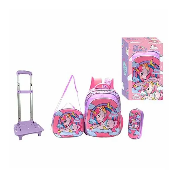 Set mochila 16" con carro, lunchera 24x22x9 cm y cartuchera 23x10x4.5 cm unicornio en caja Skora 42936