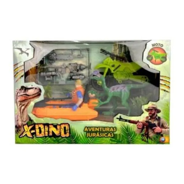 Super lancha y moto con dinosaurio