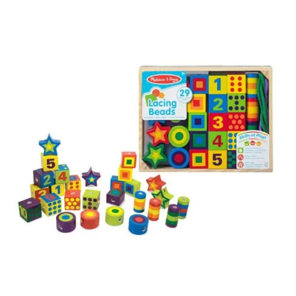 Melissa & doug lacing beads: 27 cuentas de madera + 2 cordones