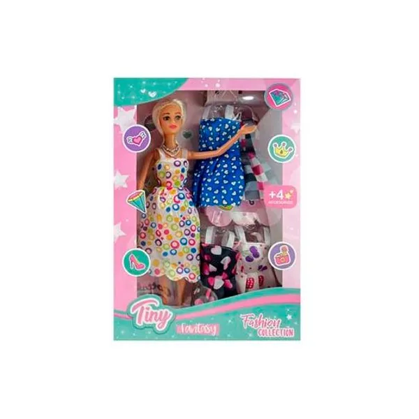 Muñeca fashion Tiny con vestidos 5 piezas en caja 23x33x5 cm modelos surtidos