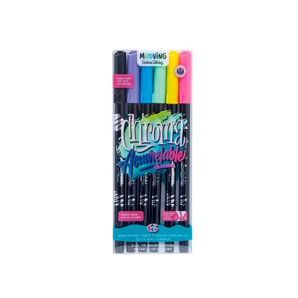 Marcadores Mooving doble punta pincel acuarelables est.x 6 unid.