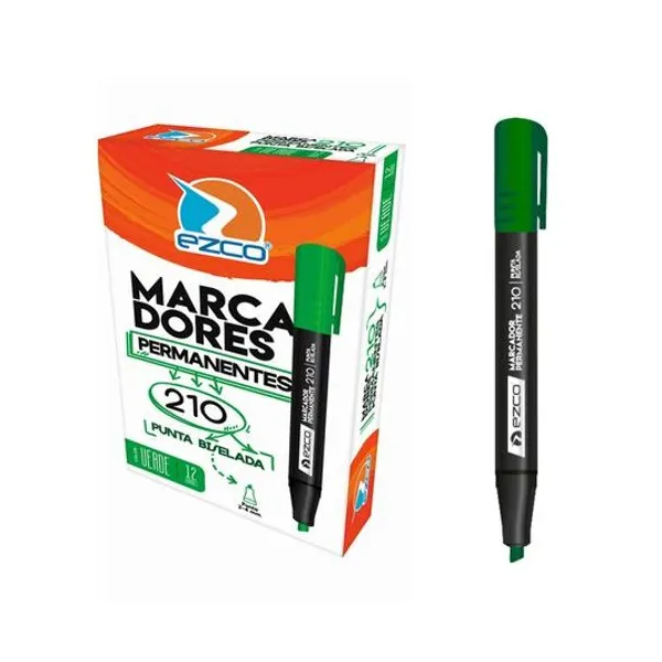 Marcador permanente punta biselada 210 verde caja x12 unidades Ezco