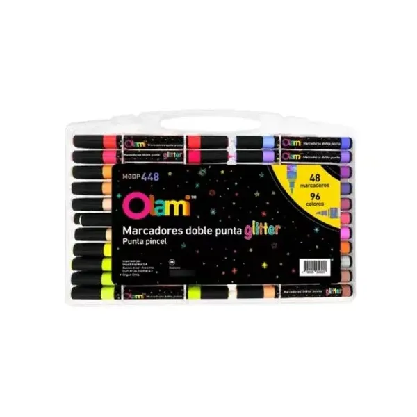 Marcadores olami doble punta pincel glitter x48 unid.