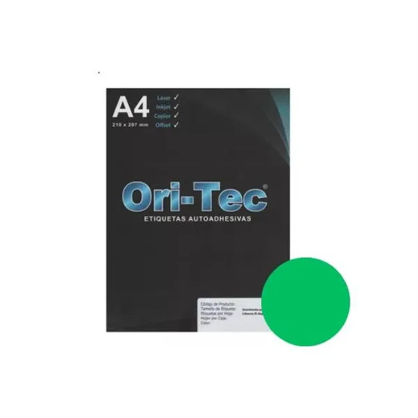 Etiquetas ori-tec laser a4 4101 verde cj.x 100 hs.