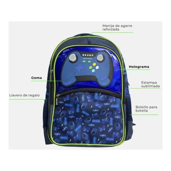 Mochila lets play gamer con goma y llavero joystick 32x45x15 cm