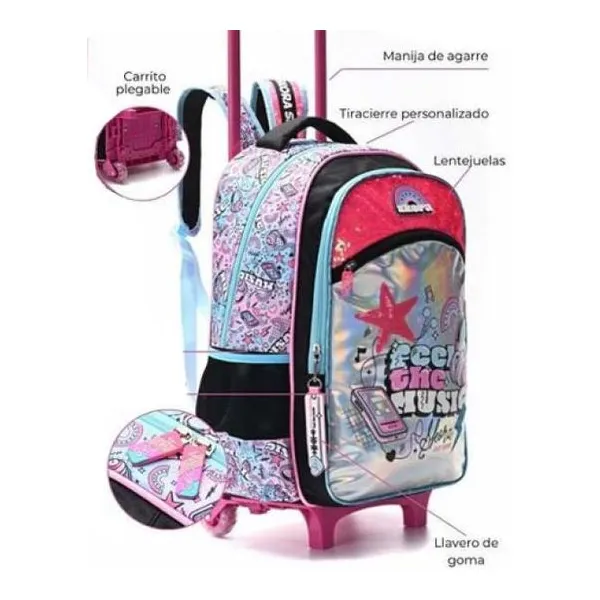Mochila carro lettering feel the music con llavero 32x45x15 cm 18 pulg
