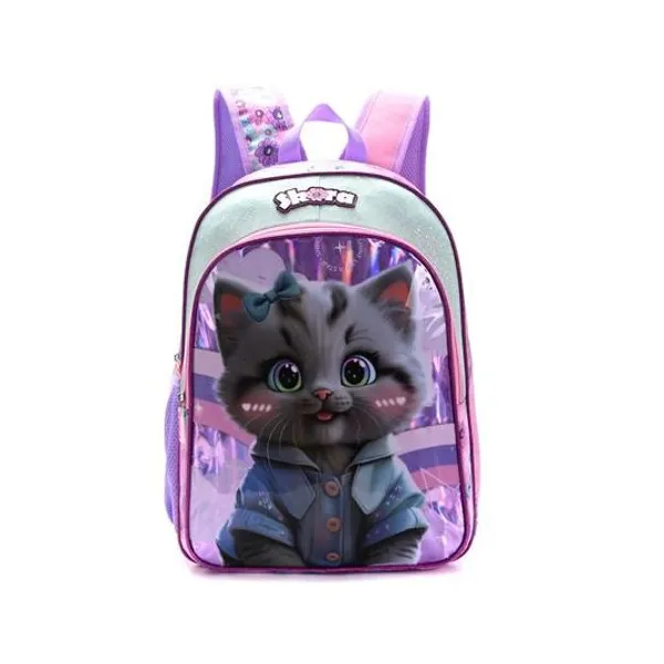 Mochila 16" espalda gatita gris con llavero Skora