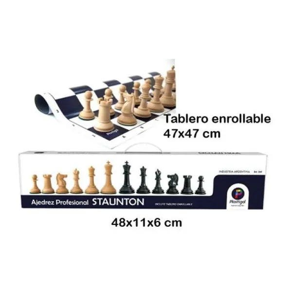 Ajedrez profesional staunton con tablero vinílico enrollable 50x50 cm estuche carry