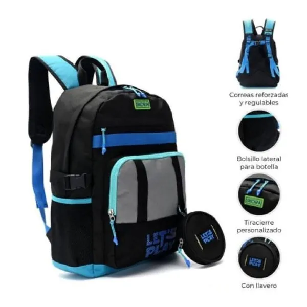 Mochila cromatico negro y azul con monedero 32 x45 x15 18