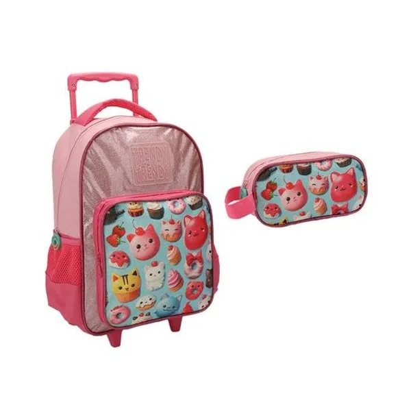 Mochila 13" con carro y cartuchera gatitos glitter Trendy