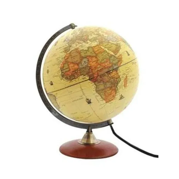 Globo terraqueo 30 cm base madera meridiano de metal antiguo con luz
