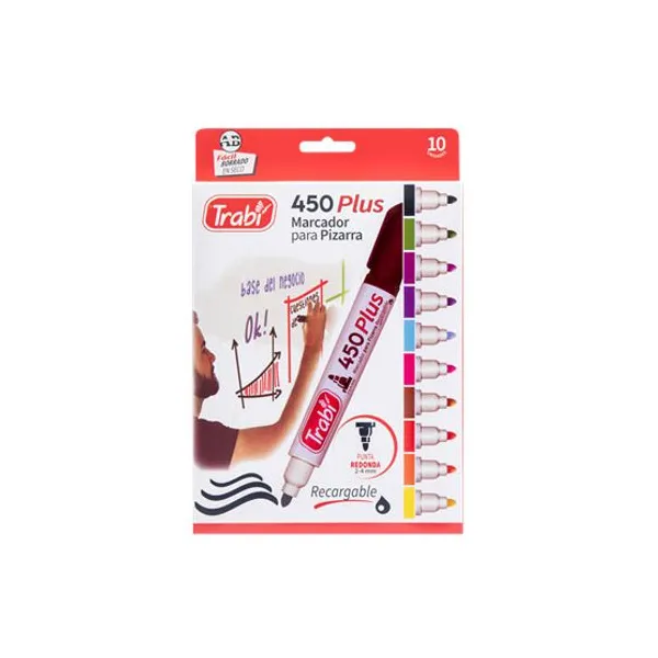 Marcador trabi 450 para pizarra cj.x 10 col.surtidos recargable