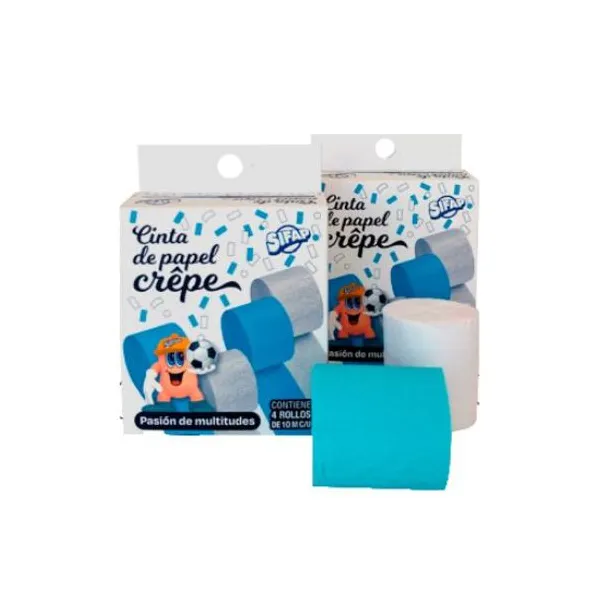 Cinta de papel crepe Sifap celeste y blanco x4 rollos de 10 mts