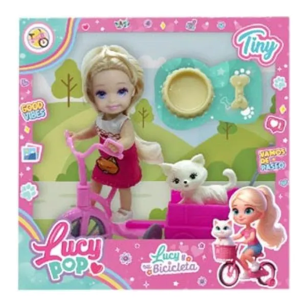 Lucy pop mini muñeca con bicicleta y accesorios 20 18 cm
